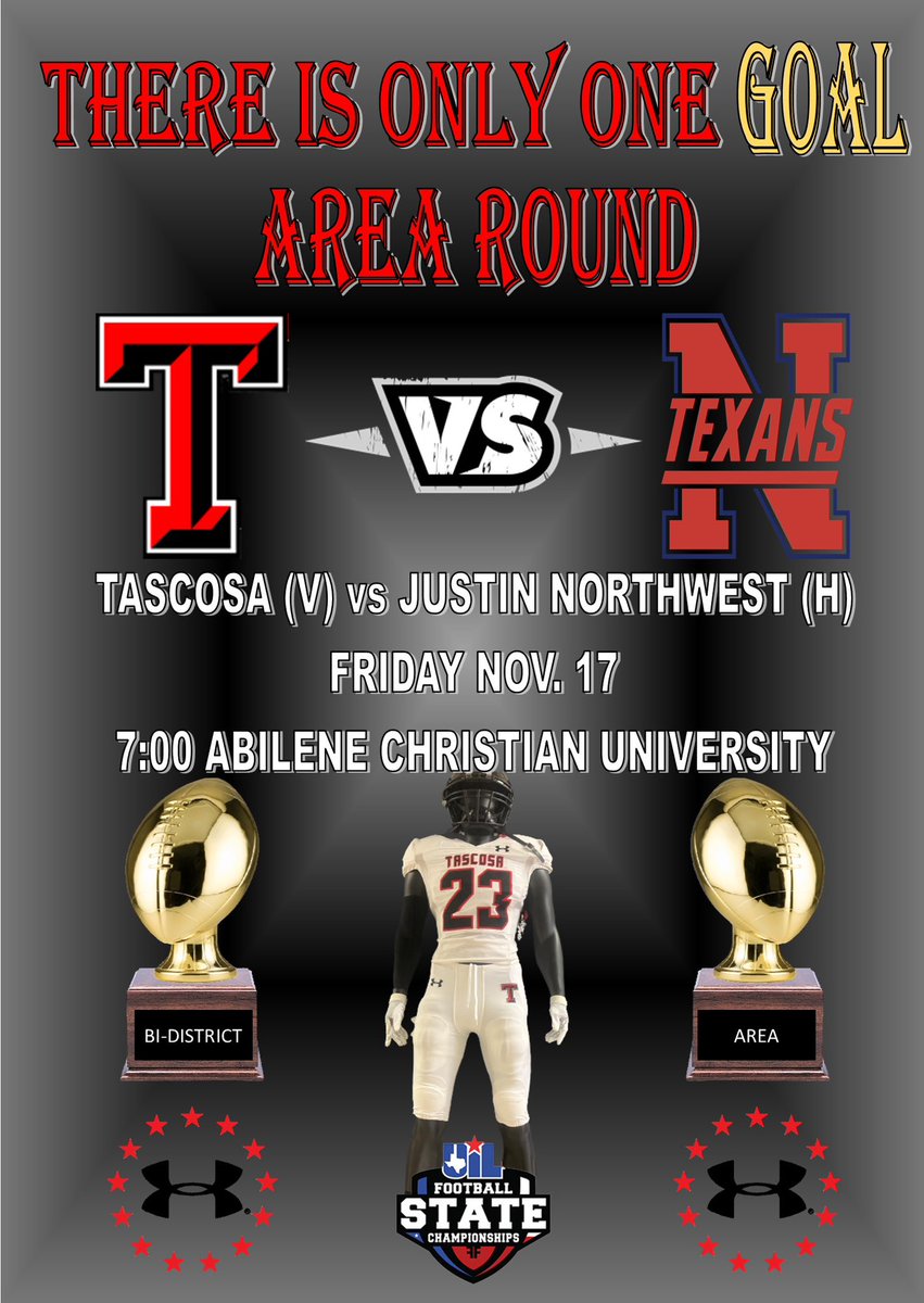 THS_FB's tweet image. Area Round info!

Tascosa (V) vs Justin Northwest (H)

📅 11/17

🕕7:00 PM

📍Abilene Christian University 

🎟️ mm1.glitnirticketing.com/mmticket/web/e…

📺 nfhsnetwork.com/events/uil/gam…

#RebelStrong #OneGoal #GoldBallSeason