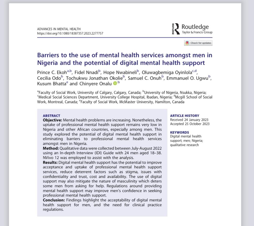 SSRG_NG's tweet photo. Publication Alert ! 🥂💯

Mental health problems are increasing. Nonetheless, the uptake of professional mental health support remains very low in Nigeria and other African countries, especially among men. https://t.co/YiO4bjypTG