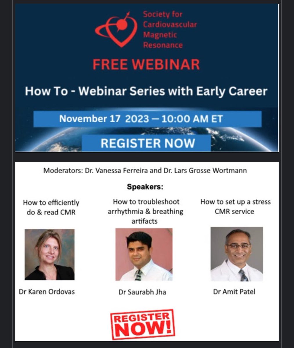Join us for the 2nd webinar of the early career @SCMRorg webinar series on Nov 17! Learn from the masters- how to scan &read #whyCMR efficiently, setting up stress🧲service and dealing with artefacts by @karen_ordovas @AmitRPatelMD @RogueRad Register here- us02web.zoom.us/webinar/regist…