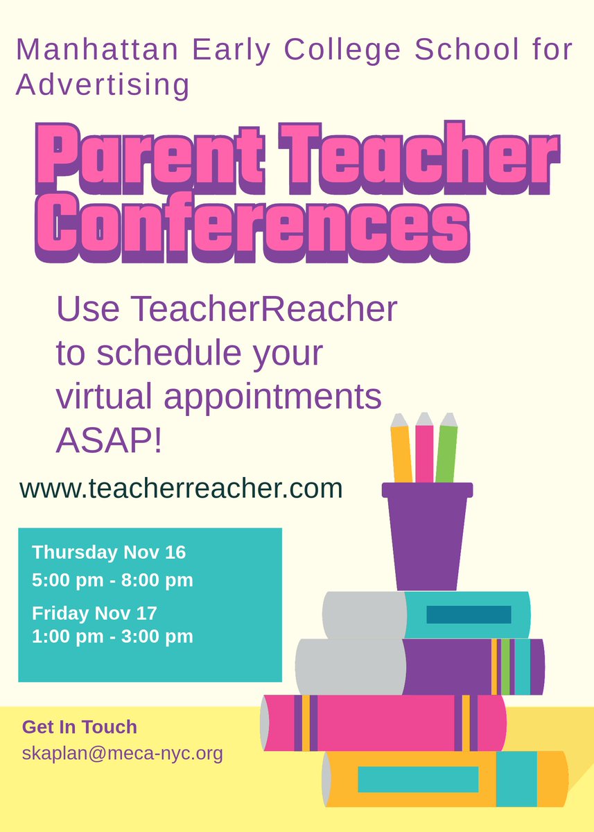 Join us for virtual Parent Teacher Conferences this Thursday &amp; Friday! Use TeacherReacher to schedule your appointments ASAP!!!