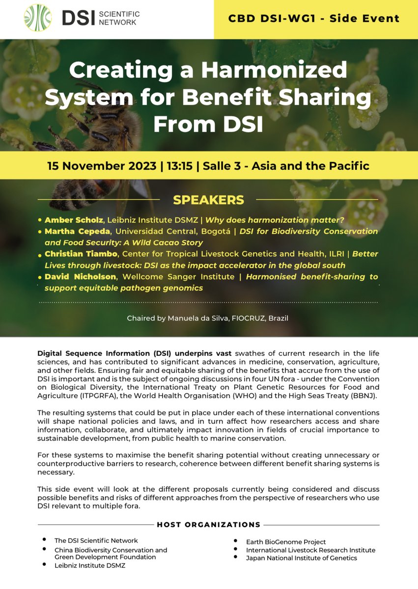 Débora Raposo (@raposo_debora) on Twitter photo Are you attending the #WGDSI in Geneva? Do not miss the DSI Scientific Network side event on the Harmonization of #DSI #BenefitSharing systems across the international fora: cbd.int/side-events/52…
#CBD #WHO #BBNJ #GBF <a href="/UNBiodiversity/">UN Biodiversity</a> Are you attending the #WGDSI in Geneva? Do not miss the DSI Scientific Network side event on the Harmonization of #DSI #BenefitSharing systems across the international fora: cbd.int/side-events/52…
#CBD #WHO #BBNJ #GBF <a href="/UNBiodiversity/">UN Biodiversity</a>