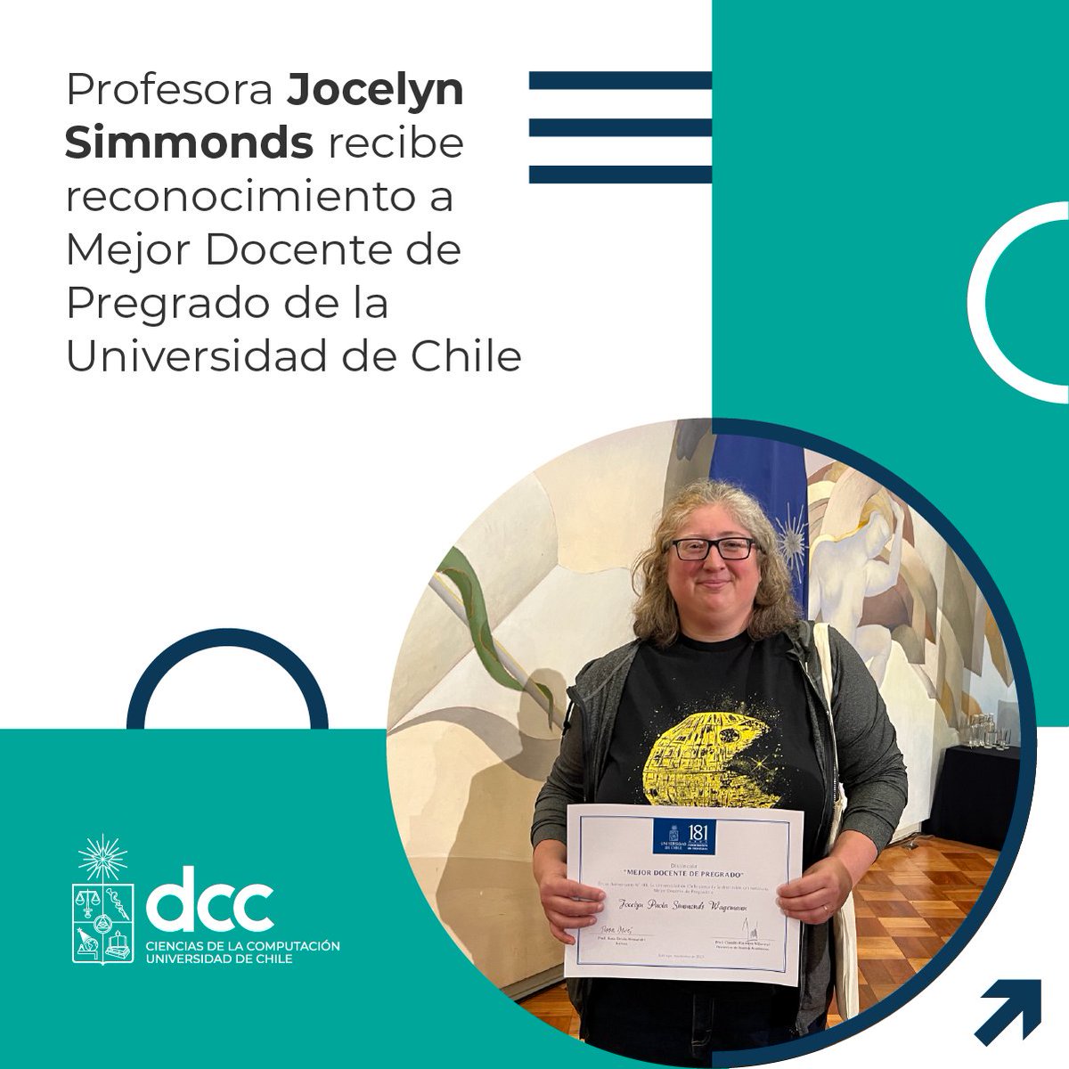 🎉👏Felicitamos a la profesora Jocelyn Simmonds, reconocida como Mejor Docente de Pregrado.  Esta distinción fue otorgada en el marco de las actividades del 181° aniversario de la <a href="/uchile/">Universidad de Chile</a>. 

Noticia en: tinyurl.com/2p8r9ran