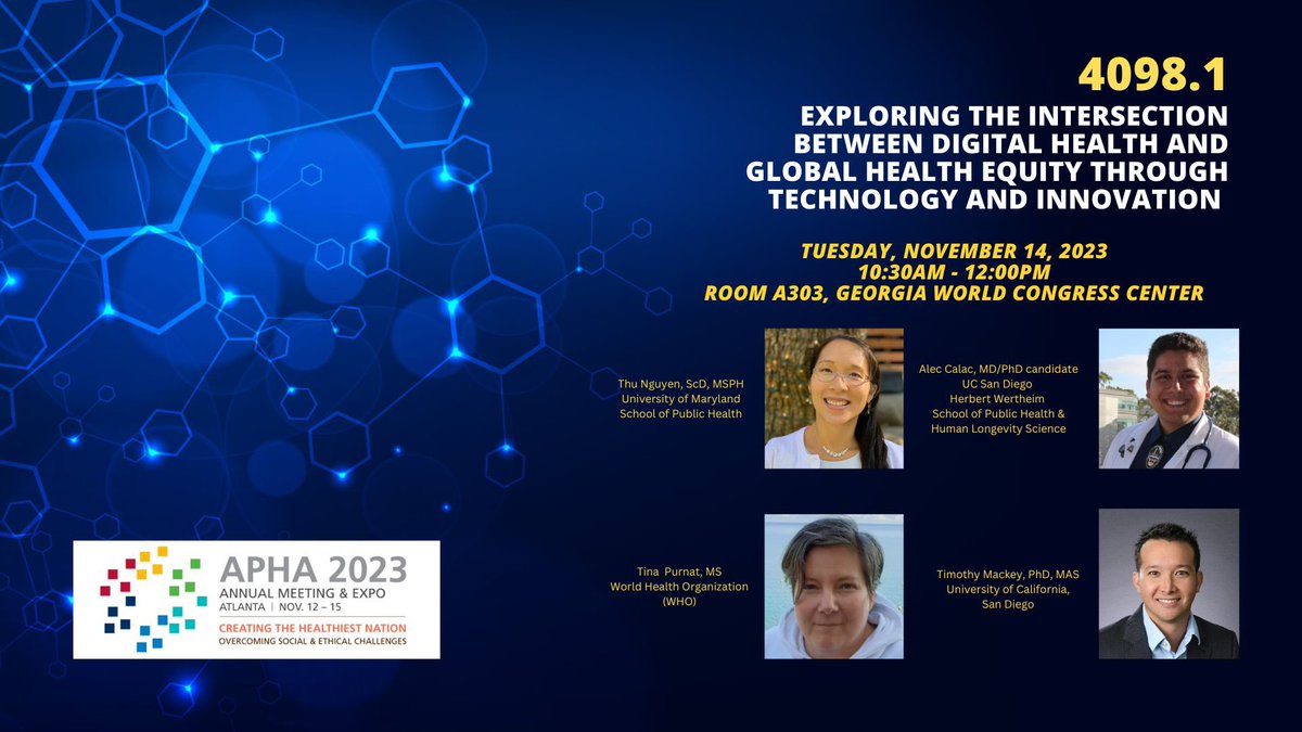 How can #technology & #innovation contribute to #healthequity? And how do we ensure these technologies are designed to be responsive to diverse global populations? Join our discussion at 10:30am in Room A303 to learn more! #APHA2023 #GlobalHealth #digitalhealth