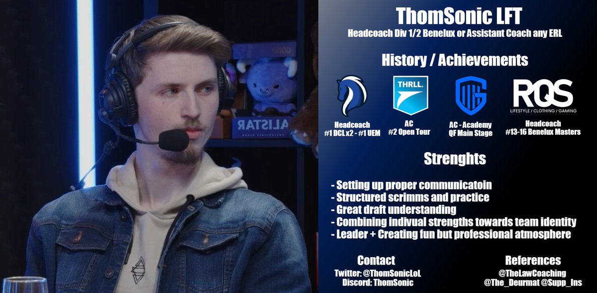 Still in talks with RQS, but exploring my options for the 2024 Spring Season as I am FA

Mainly interested in Headcoach position Benelux Division 1/2, open to any Assistant Coach position in Benelux Div 1 or other ERL

For further information DM's are open