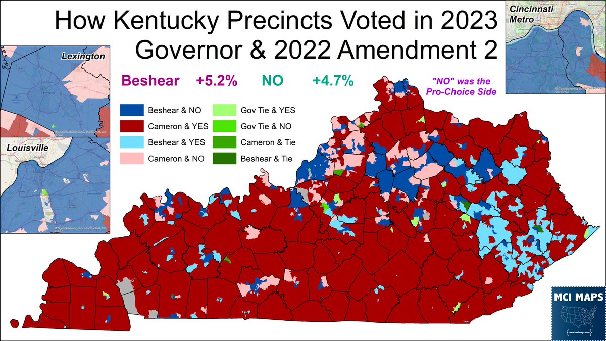 Here is the precinct loyalty in Kentucky between the 2023 Governor race and the 2022 Abortion referendum

A large batch of pro-life Beshear precincts in the coal fields, with many suburban/exurban pro-choice Cameron precincts

Voter contradictions on display 

#kypol #kygov