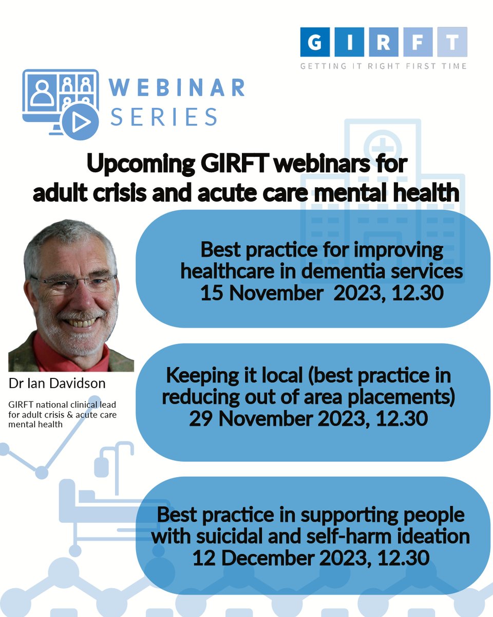 It’s not too late to register – but hurry! ⌛️ Don’t miss this opportunity to join our webinar to hear how healthcare services can address the increasing need for dementia services. TOMORROW at 12.30 pm 🔗 bit.ly/3s6JTrL See GIRFT website for our other MH webinars