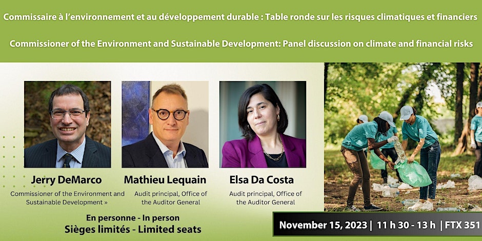 🎙️Reminder: Come to the round table on climate and financial risks with the Commissioner of the Environment and Sustainable Development and two experts in the field! Free lunch served on site! ➡️Register here eventbrite.ca/e/commissioner… 📅Wednesday 15/11 - 11:30 📍FTX351