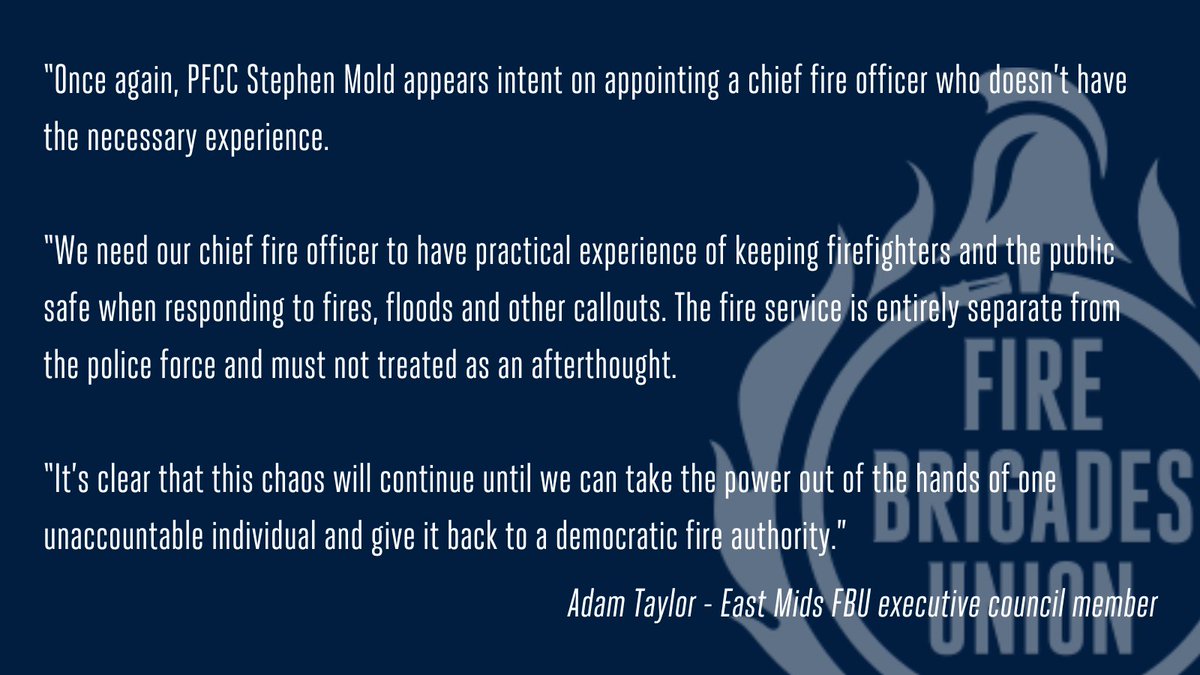 When police, fire and crime commissioners replace fire authorities, our service suffers. Once again, Northamptonshire's PFCC Stephen Mold is aiming to appoint a chief fire office with no firefighting experience. This is an insult to firefighters, and a threat to public safety.