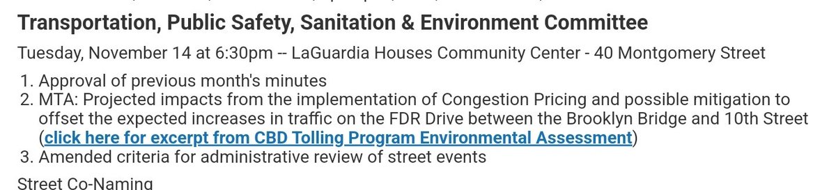 Residents of Two Bridges, join the Community Board 3 meeting tonight to discuss the projected impacts from the implementation of Congestion Pricing and possible mitigation to offset the expected increases in traffic on the FDR Drive!