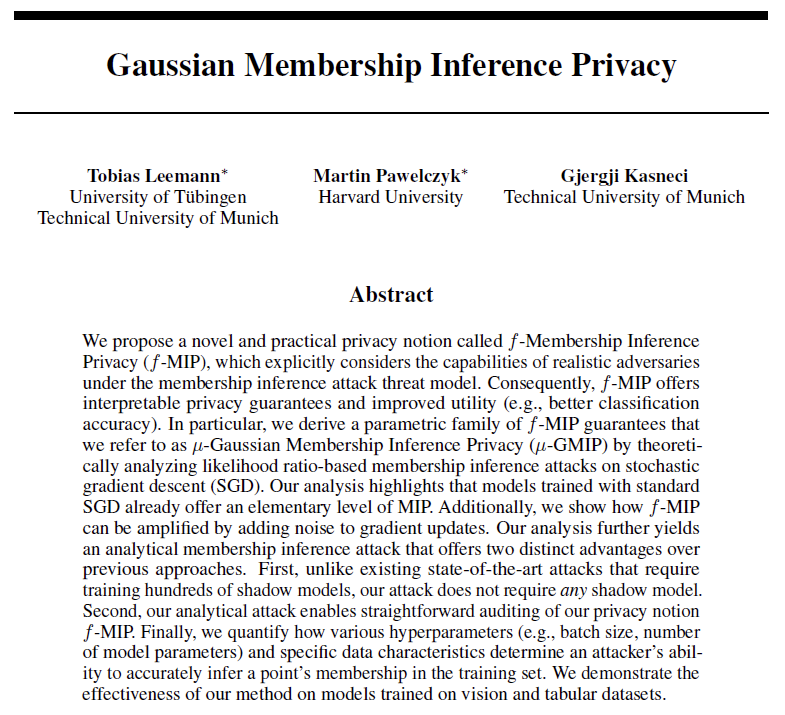 Differential privacy is a hammer, but not every privacy problem is a nail. 🔨 We introduce 'Gaussian Membership Inference Privacy' in our #NeurIPS2023 paper with @MartinPawelczyk and @Gjergji_. A thread 🧵👇 [1/n]