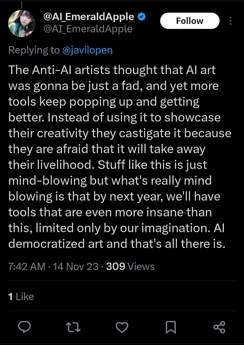 Art was always democratized, you clown. Nobody was stopping you from learning how to make art but yourself.