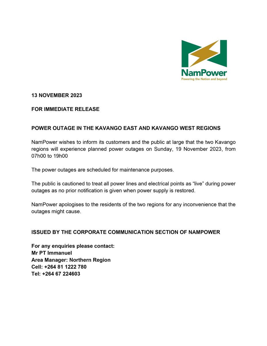 Notice: Planned Power Outage in Kavango East and Kavango West Regions - This coming Sunday, 19 November 2023, from 07h00 to 19h00.