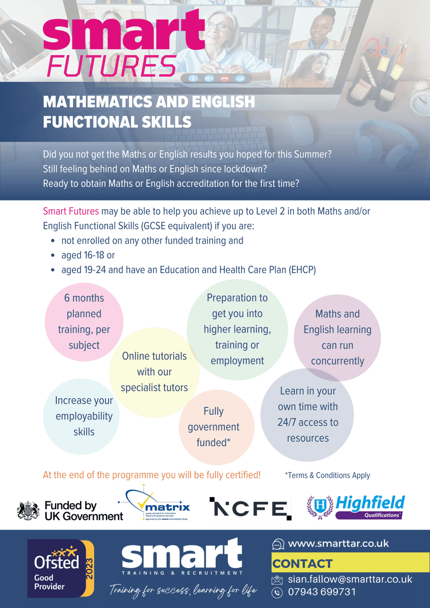 CnxsWakefield's tweet image. ⚡ Need Maths &amp;amp; English qualifications?

Smart Futures can help you get these essential functional skills if you&apos;re 16-18 (up to 25 with an EHCP) and aren&apos;t in any other training!

#WakefieldYoungPeople #YouthCareerSupport #FunctionalSkills