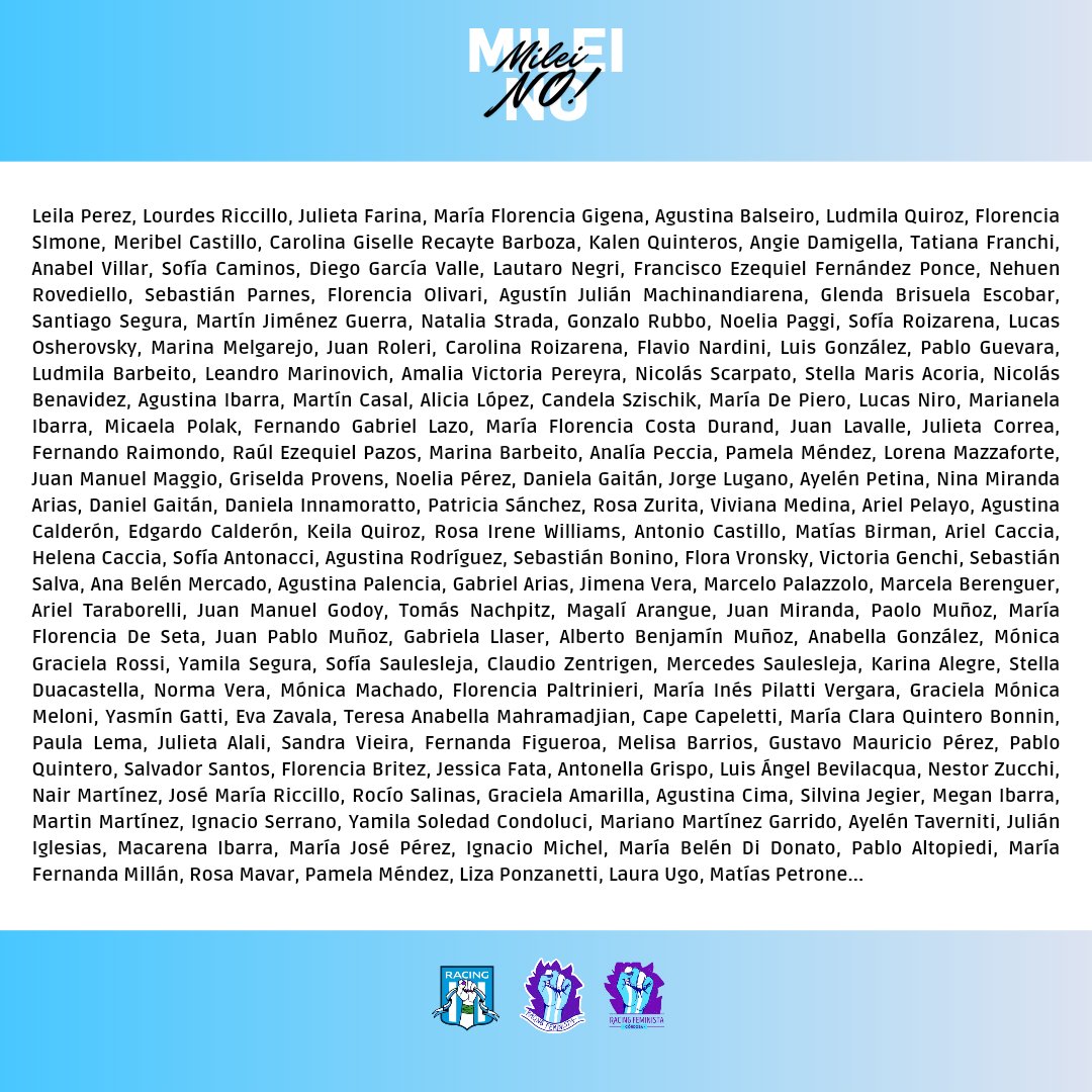 RacingFeminista's tweet photo. Porque consideramos que los clubes deben ser de sus socios/as,
Porque defendemos la Educación y la Salud Pública,
Porque reivindicamos nuestras luchas colectivas,
Porque defendemos nuestra democracia.

#MileiNO https://t.co/qzz1BC36SF