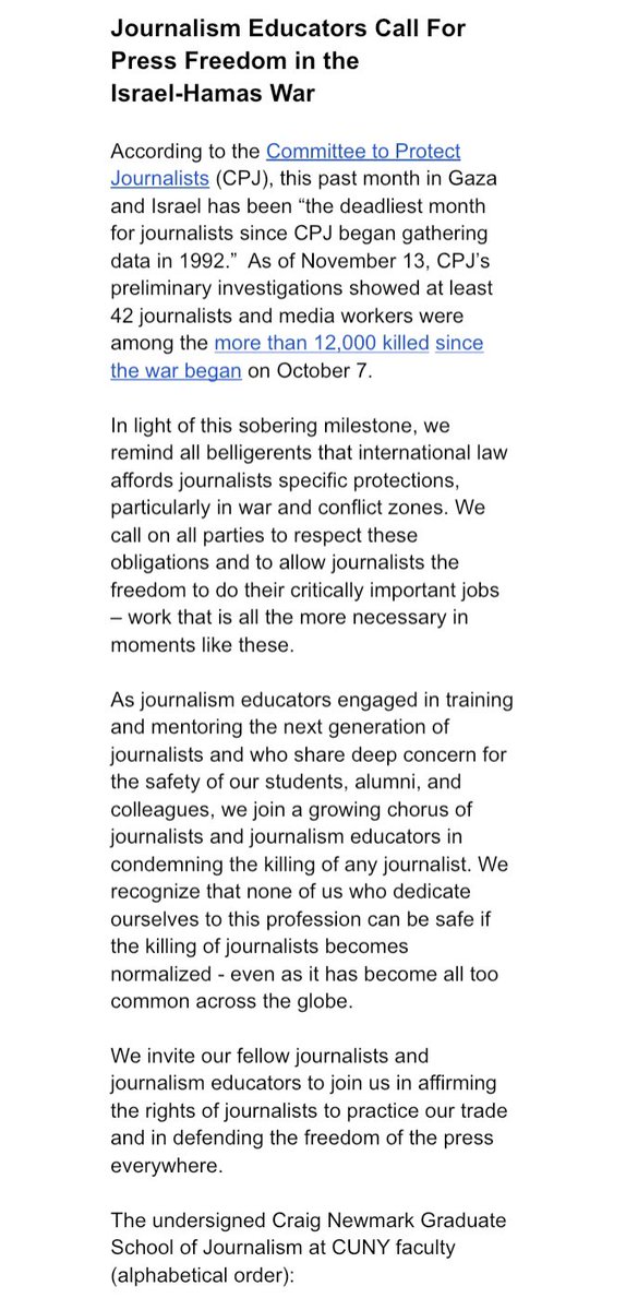 AliaMalek's tweet photo. Over 50 faculty members at the Newmark J-School at CUNY call for the protection of journalists &amp; the freedom of the press in light of “sobering milestone” reached: according to @pressfreedom this has been deadliest month for journalists since CPJ was founded https://t.co/7kgajO0rKE