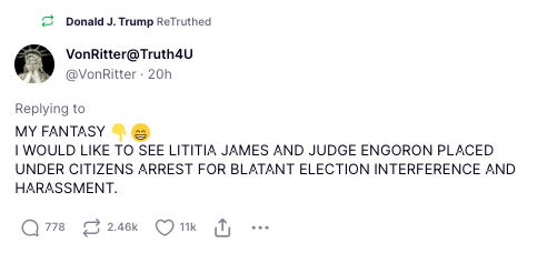ProjectLincoln's tweet photo. In a full authoritarian move this morning, Donald Trump reposted a statement on Truth Social calling for a citizen's arrest of AG James and Judge Engoron. He's mentally unstable and completely dangerous. https://t.co/FMWFwc7HLw