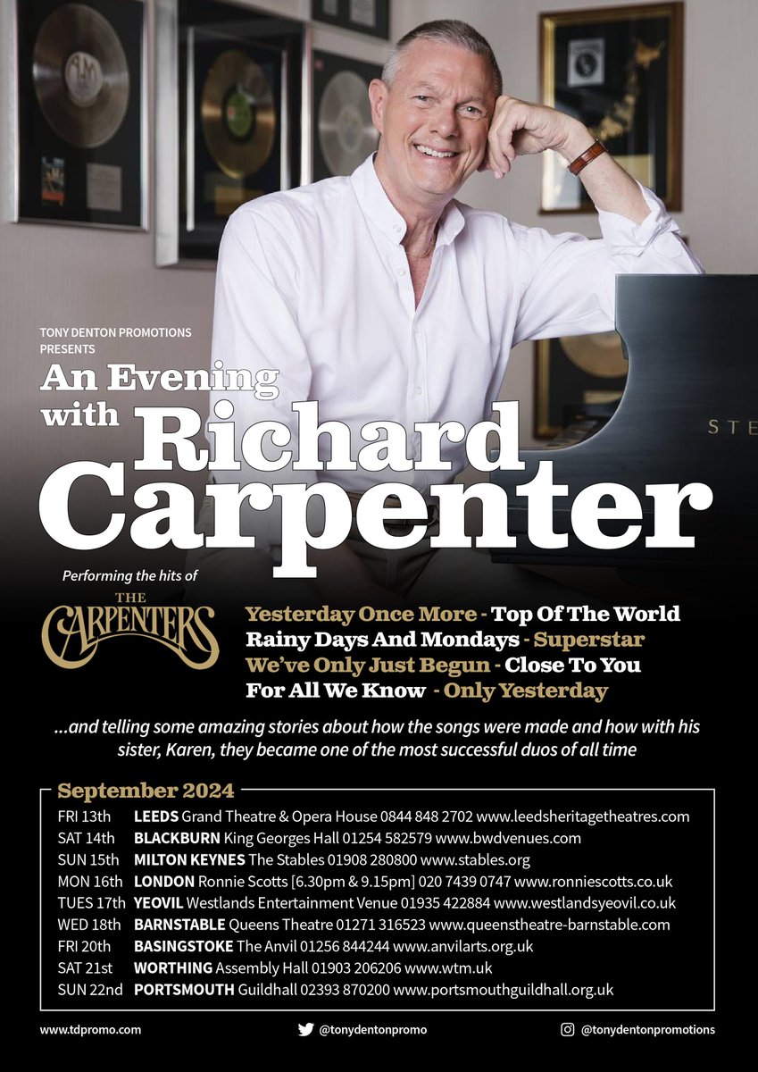 EXCITING NEW SHOW on sale this Friday! For the first time Richard Carpenter will tour The UK performing the hits of the Carpenters along with telling some amazing stories about how the songs were made 📅 September 2024 🔗 Read more at bwdvenues.com/whats-on/richa…