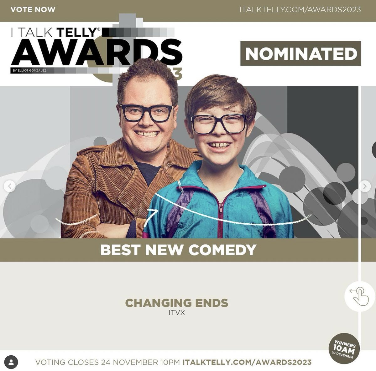 Changing Ends has been nominated for Best New Comedy at the #ITalkTellyAwards 2023! 👏👏 Voting is open until 24th November, please follow this link italktelly.com/awards2023 Winners announced 10th December! @ITVX @chattyman