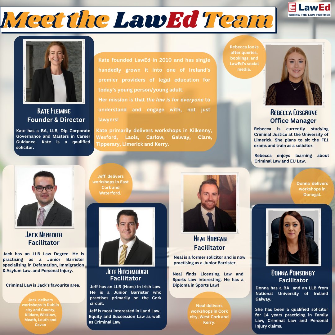LawEd_ie's tweet photo. ✨Introducing the LawEd team✨

If you would like to learn more about LawEd's services or to secure a booking, please email info@lawed.ie

#lawed #meettheteam #legalliteracy #ireland https://t.co/2H6KGtGztD