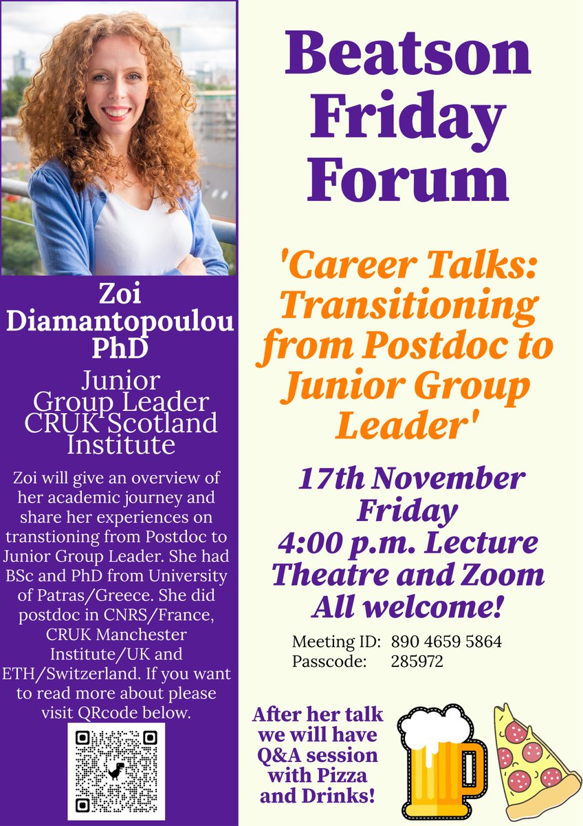 What's on this Friday @CRUK_SI? Dr. Zoi Diamantopoulou will talk about 'Transitioning from Postdoc to Junior Group Leader', join us on Friday 17th of November in lecture theatre or via zoom. Everyone welcomed!