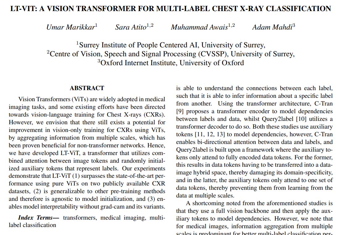 PaperPlatter's tweet image. LT-VIT:  A Vision Transformer For Multi-Label Chest X-Ray Classification

Paper Link: arxiv.org/pdf/2311.07263…

#VisionTransformers #ChestXRayClassification #MultiLabelClassification #MachineLearning #AI #NLP #ResearchPaper #PaperSummary

📚 Paper Summary:

A thread 👇:
1/n
