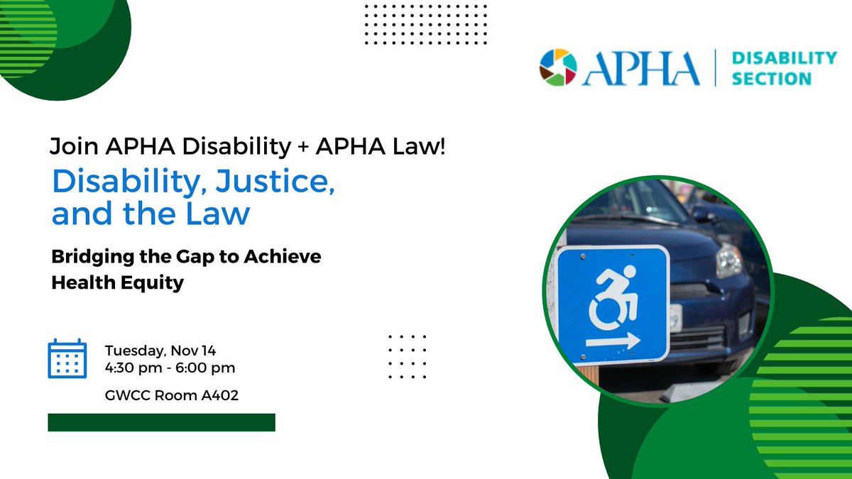 Join @APHADisability & @APHALaw for an informative session on disability, justice, & the law! Gain valuable insights into how legal frameworks can be harnessed to dismantle barriers & promote health equity for people with disabilities. Today at 4:30 PM in GWCC A402. #APHA2023