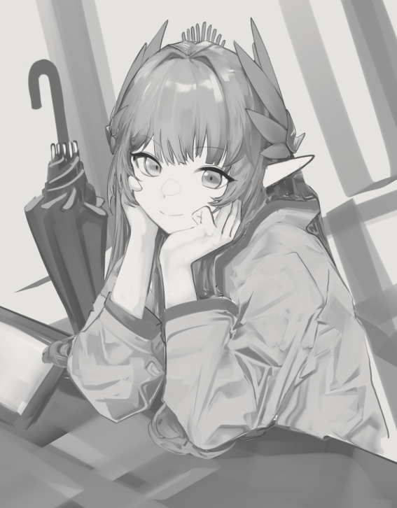 1girl solo monochrome greyscale looking at viewer pointy ears smile  illustration images