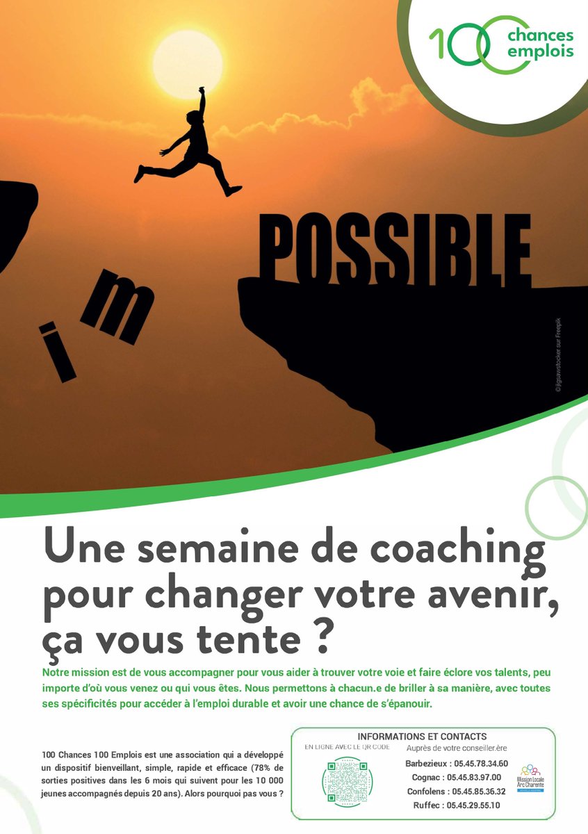 MLArcCharente's tweet image. Une semaine de coaching pour changer votre avenir, ça vous tente ? 😃

Avec 100 Chances 100 Emplois, faites vous un réseaux et boostez vos compétences afin de vous démarquer lors des recrutements. Chaque année, nous organisons 1 à 2 semaines de coaching sur chacun de nos sites 💪