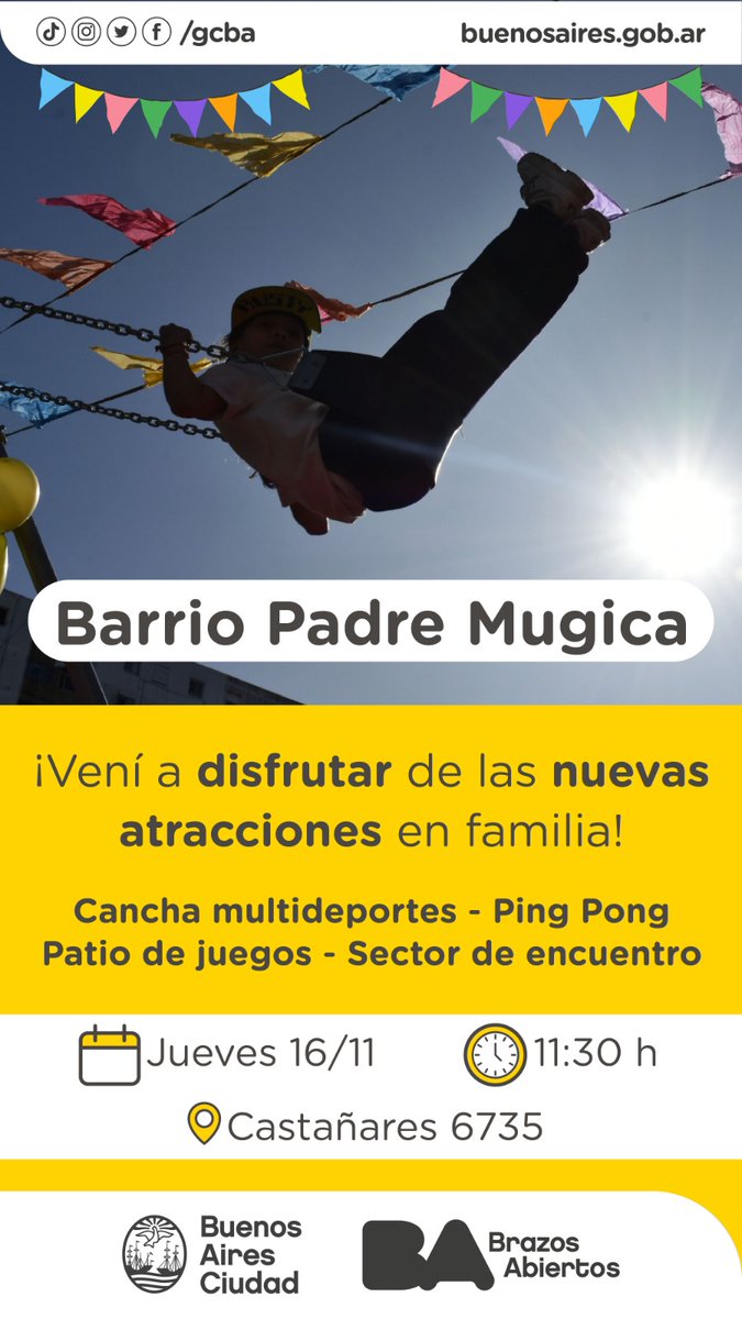 NUEVAS ATRACCIONES EN EL BARRIO PADRE MUGICA 🙌

👉 Sumate este jueves desde las 11:30 para disfrutar en familia de los nuevos espacios.

⚽️ Cancha multideportes.
🪁 Patio de juegos.
🏓 Ping pong.
🧉 Sectores de encuentro.

📍 Av. Castañares 6735, #Comuna8.
