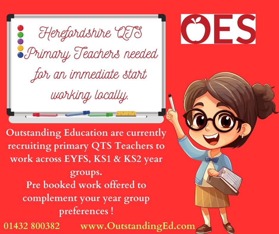 Outstanding Education are currently registering Primary teachers to work on a part time basis within Herefordshire.
Call 01432 800382
#OutstandingEd #HerefordshireSupplyTeachers