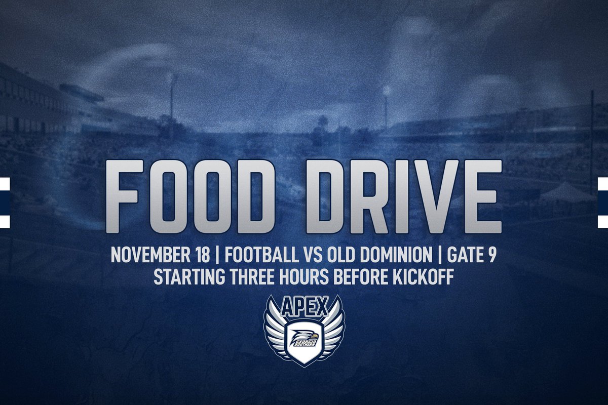 GSAthletics APEX (@gsathleticsapex) on Twitter photo Attention Eagle Nation:
Help support the Food Drive this holiday season 🦃 and bring non-perishable food items to the ODU football game to donate the Statesboro Food Bank.
Drop-off Pre-game 3pm -kick
Gate 9
<a href="/GSAthletics/">Georgia Southern Athletics</a> <a href="/GSAthletics_FB/">Georgia Southern Football</a>
#servantleaders Attention Eagle Nation:
Help support the Food Drive this holiday season 🦃 and bring non-perishable food items to the ODU football game to donate the Statesboro Food Bank.
Drop-off Pre-game 3pm -kick
Gate 9
<a href="/GSAthletics/">Georgia Southern Athletics</a> <a href="/GSAthletics_FB/">Georgia Southern Football</a>
#servantleaders