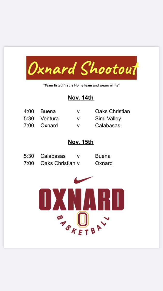OXNARD SHOOTOUT 
Starts tonight!
Great games!  Come on out and watch!

<a href="/vtagirlsbball/">VHS Girls BBall</a>
<a href="/CalabasasGBB/">CalabasasGBB</a> 
<a href="/BHS_Gbball1/">Buena Girls Basketball</a>
<a href="/SVHSGBB/">Simi Valley Girls Basketball</a> 
<a href="/OxnardAthletics/">Oxnard Athletics</a>
<a href="/gbb_oaks/">Oaks Christian GBB</a> 
<a href="/JacketPrincipal/">Ted Lawrence</a> 
<a href="/TheGaragePod/">The Garage Podcast</a> 
<a href="/vcspreps/">VCS Preps</a> 
<a href="/pollonpreps/">Jack Pollon</a> 
<a href="/RichardUrias/">Asst. Supt. Business Services - Oxnard Union</a> 
<a href="/OxnardBBall/">Oxnard HS Basketball</a> 
<a href="/OxnardVB/">Oxnard HS VB</a>