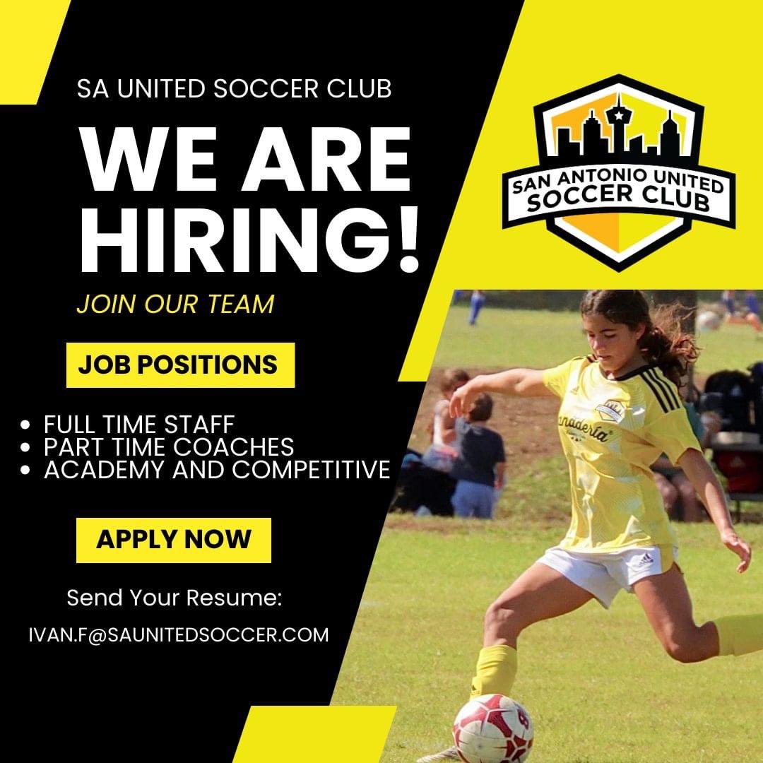 San Antonio United Soccer Club (@saunitedsoccer) on Twitter photo WE ARE HIRING!
Due to continued growth, we have full-time positions and part-time coaching roles available.
Submit a cover letter and resume to ivan.f@saunitedsoccer.com. Any questions, contact us at 210-599-4622. WE ARE HIRING!
Due to continued growth, we have full-time positions and part-time coaching roles available.
Submit a cover letter and resume to ivan.f@saunitedsoccer.com. Any questions, contact us at 210-599-4622.