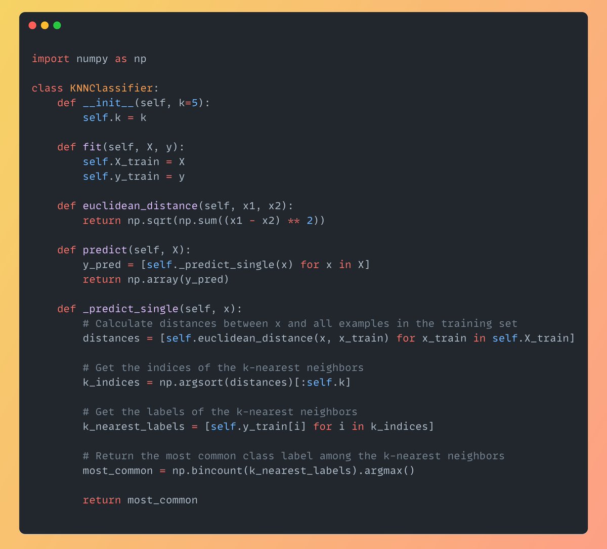 Sumanth_077's tweet photo. K Nearest Neighbours (KNN) is a simple yet powerful ML algorithm!🔥

Here is KNN implemented from scratch in Python and a step by step explanation with code.

Thread🧵👇 https://t.co/0KhYmT16SW