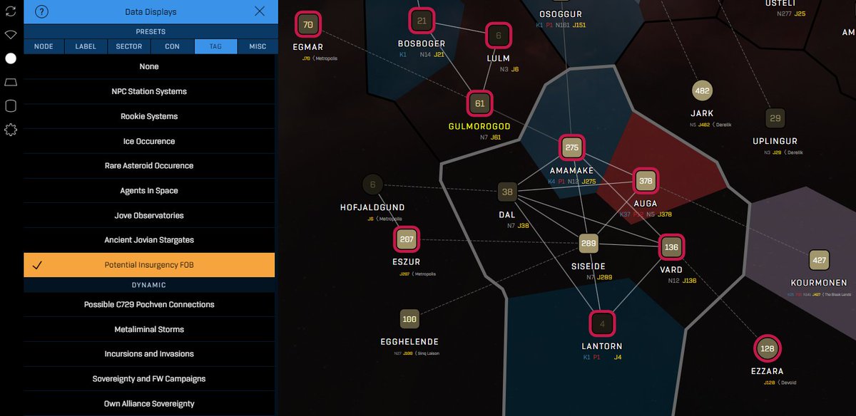eveeyemaps's tweet photo. Potential Insurgency FOB systems. TAG option added #tweetfleet @EveOnline https://t.co/Ym4YMgSvTB