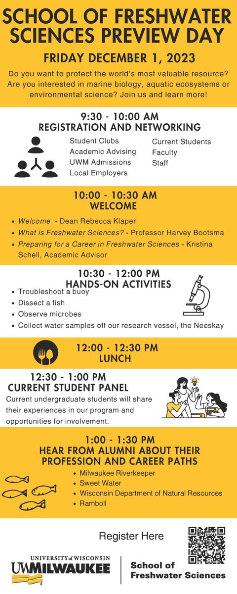 Registration is now open for the Freshwater Sciences Undergraduate Preview Day! Join us on Dec 1 for this unique opportunity - get exclusive hands-on experience in our labs and on the research vessel, and interact with current students, alumni, and faculty!