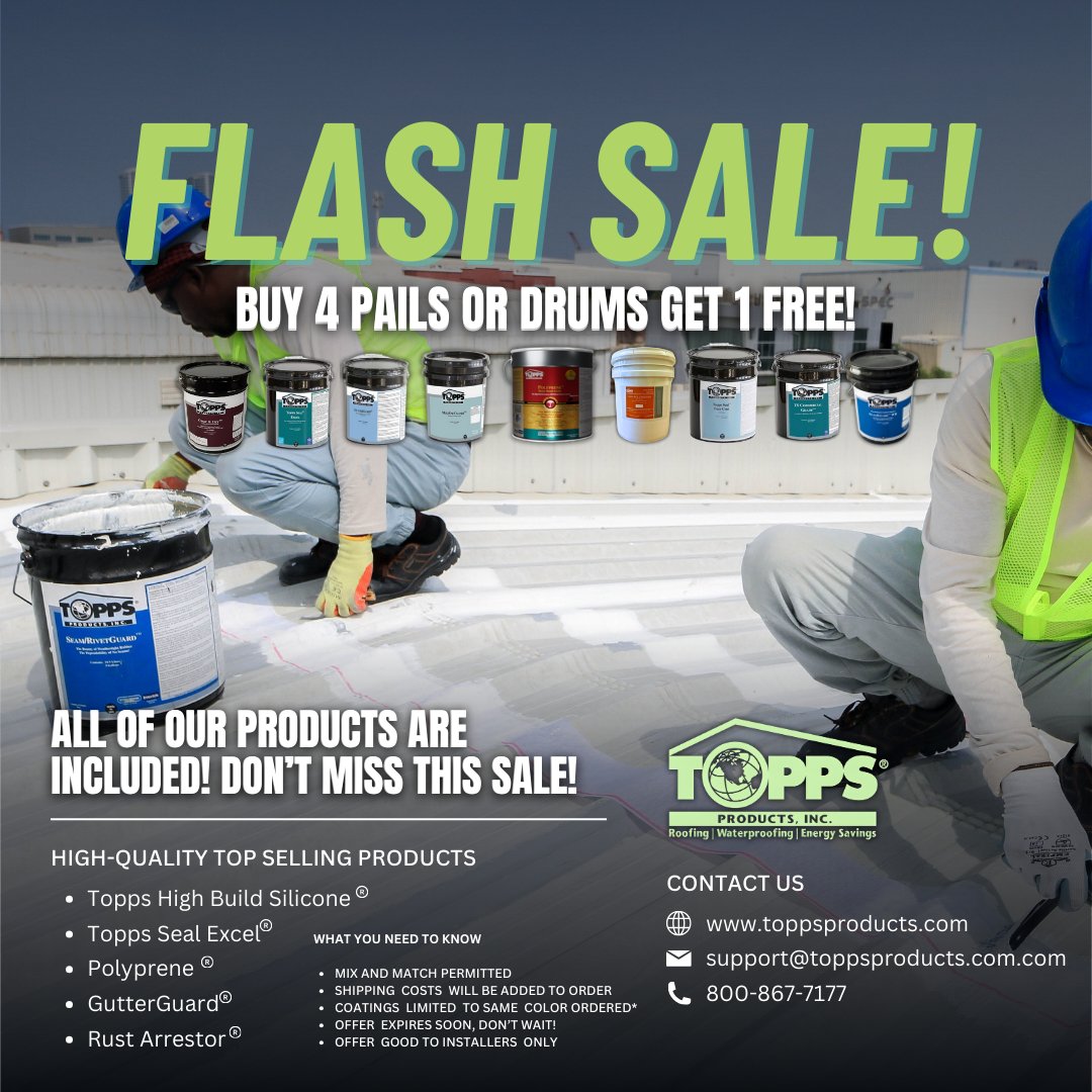 Roofing pros, we've got you covered! Don't miss your chance to save big on essential roofing products. Winter is coming! Stock up while you can!

For more info or details on the Flash Sale email us at support@toppsproducts.com

#flashsale #commercialroofingproducts #CoolRoof