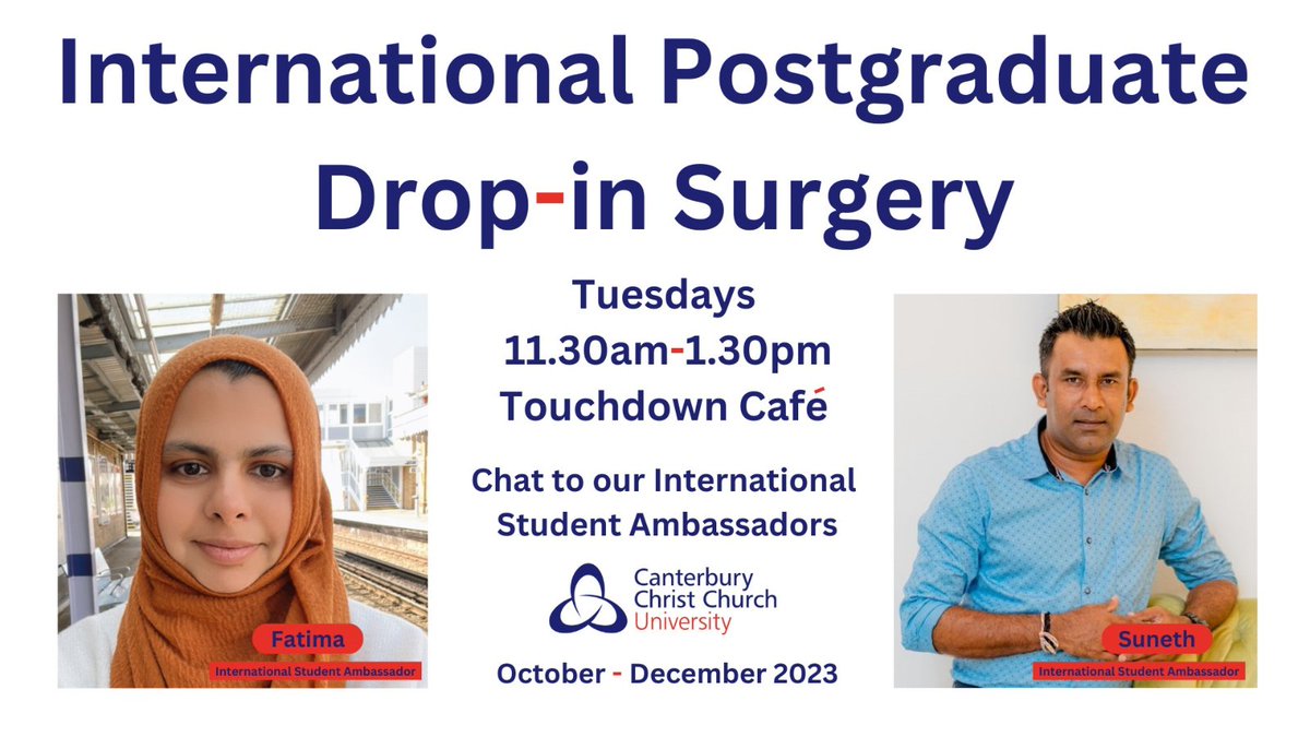 CCCUGrad's tweet image. Are you an international postgraduate student? 

Why not pop along to chat to #CCCU international student ambassadors, Fatima and Suneth, who run a postgraduate drop-in session every Tuesday 11:30-13:30 in Touchdown Café.