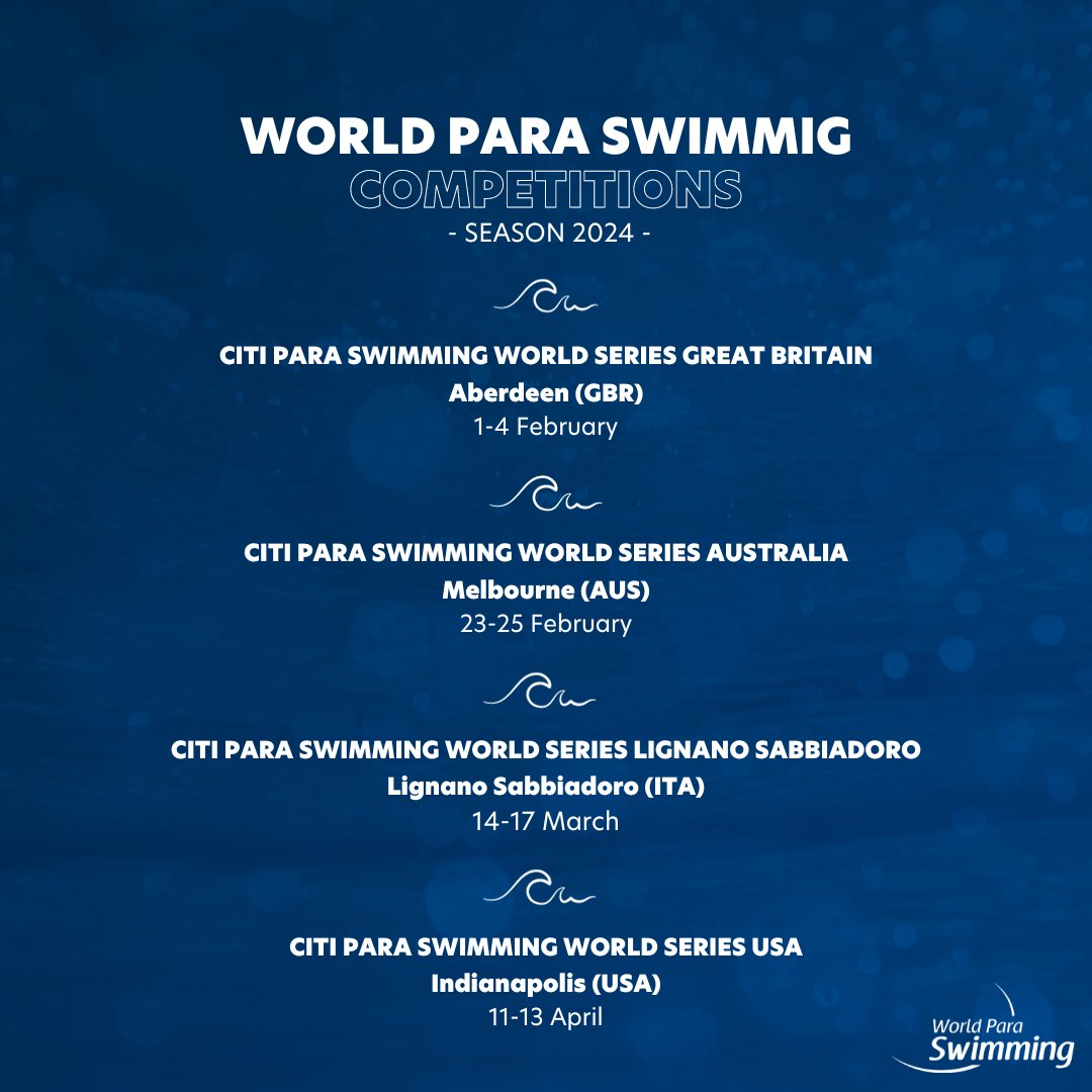 Para_swimming's tweet photo. Let the 2024 season begin! 🏊🏽‍♀️✨

➡️Check out all the key dates and mark you calendar. 

More info 🔗https://t.co/MVHrJs4Pzj

#ParaSwimming #CitiWorldSeries @Paralympics @ParaSport