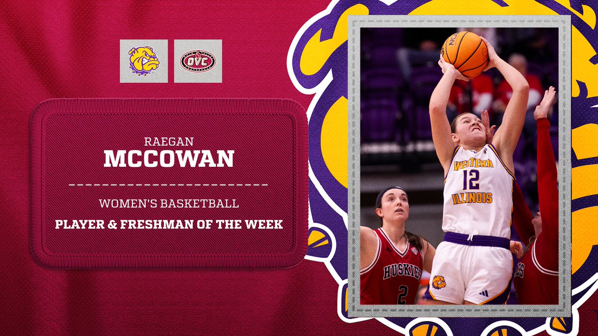 𝗢𝗩𝗖 𝗪𝗼𝗺𝗲𝗻'𝘀 𝗕𝗮𝘀𝗸𝗲𝘁𝗯𝗮𝗹𝗹 🏀 𝗖𝗼-𝗣𝗹𝗮𝘆𝗲𝗿 &amp; 𝗖𝗼-𝗙𝗿𝗲𝘀𝗵𝗺𝗮𝗻 𝗼𝗳 𝘁𝗵𝗲 𝗪𝗲𝗲𝗸
<a href="/WIUWBB/">Western Illinois Women's Basketball</a> guard Raegan McCowan (<a href="/raegantmccowan/">raegantmccowan</a>)

• Averaged 18.3 points &amp;  7.3 rebounds/game; had 23 points, 7 rebounds &amp; 5 assists in win vs. NIU

#OVCit | #GoNecks
