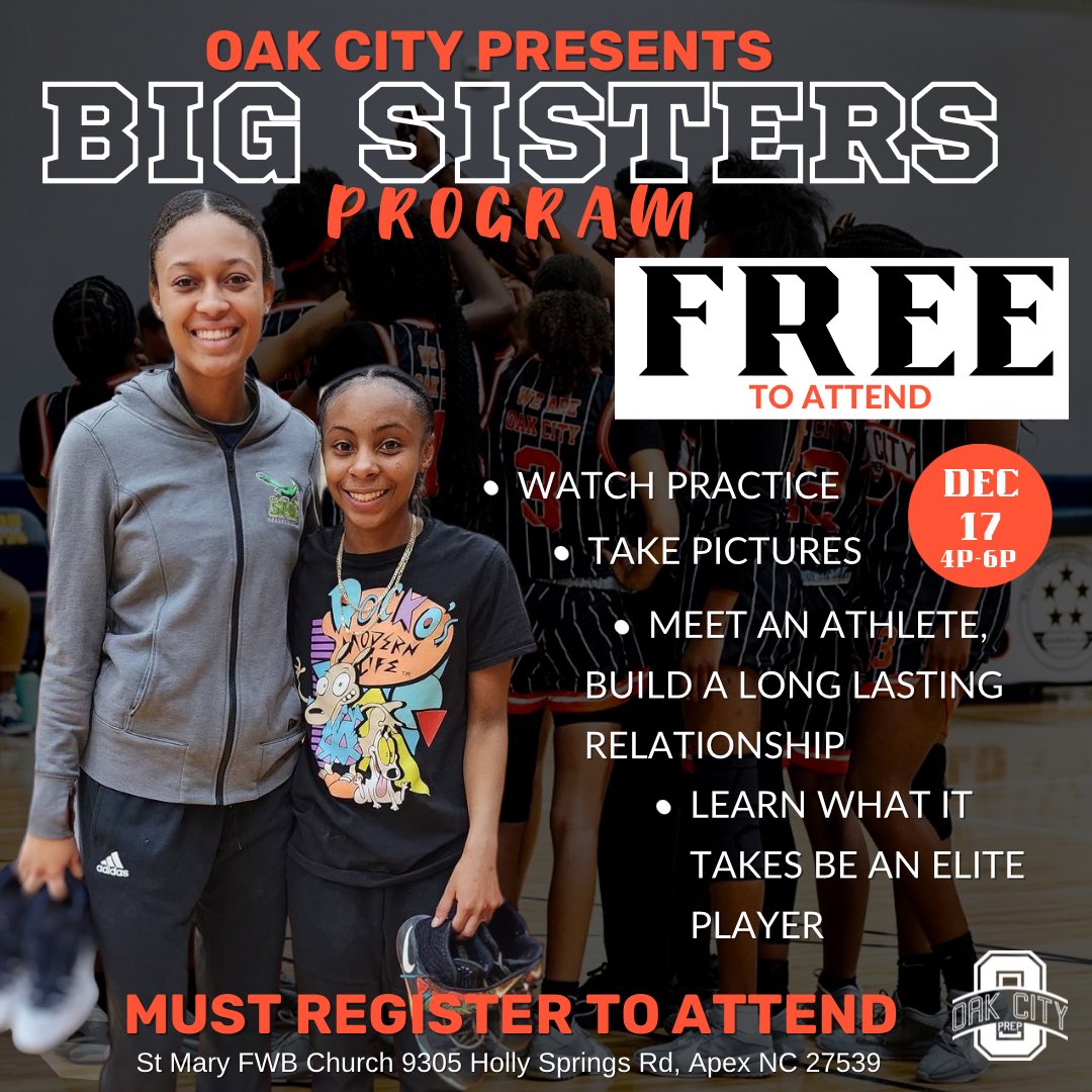 OakCityPrep's tweet photo. "Excited to launch our Big Sister Program for young athletes! It's more than a game – it's about building bonds, learning skills, and gaining inspiration from elite players. Let's empower the next generation!  #BigSisterProgram 

Register with link

 https://t.co/BE3qsENx68 https://t.co/YD3FgEE6gX
