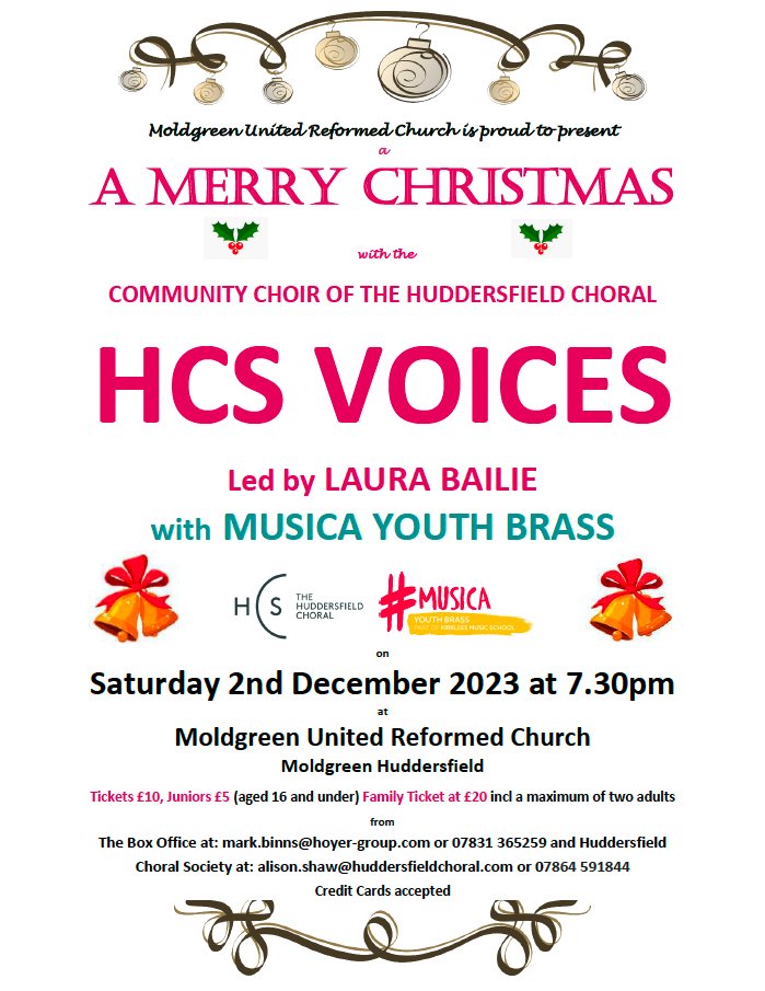 🎄Join <a href="/HcsVoices/">HCS Voices</a> and kick off the festive feeling as they perform their annual Christmas Concert together with Musica Youth Brass on Saturday 2nd December at 7.30pm in Huddersfield. 

Details for how to get yourself ticket are on their poster👇