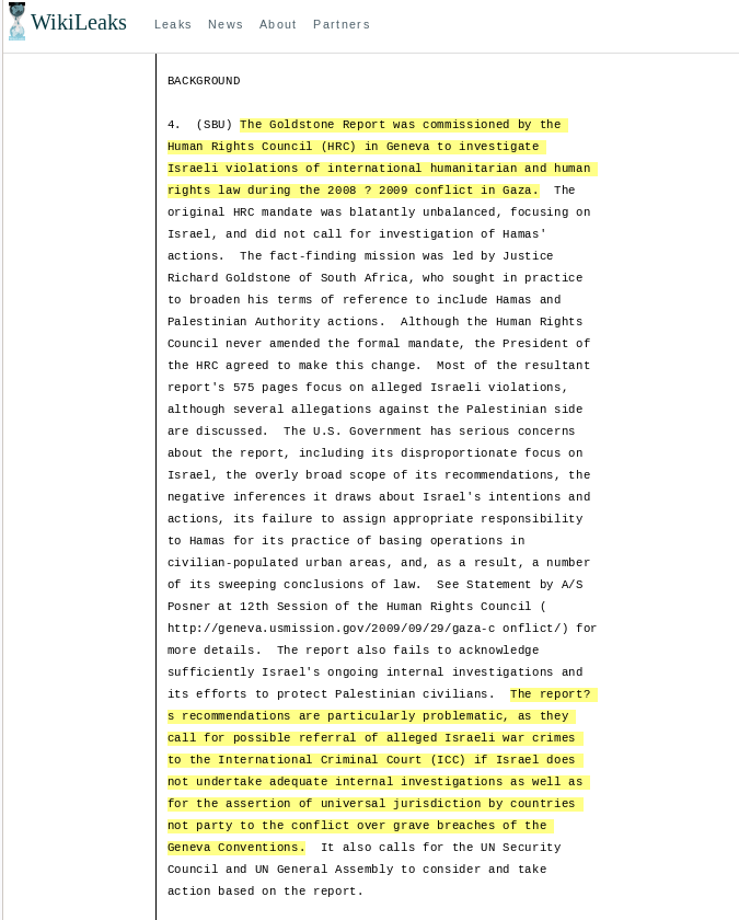 wikileaks's tweet photo. How US moved to block International Criminal Court referal for alleged Israeli war crimes after 2009 Goldstone report #Gaza #ICC  Link: https://t.co/okyNhQ6oHX https://t.co/eED1wWxwxe
