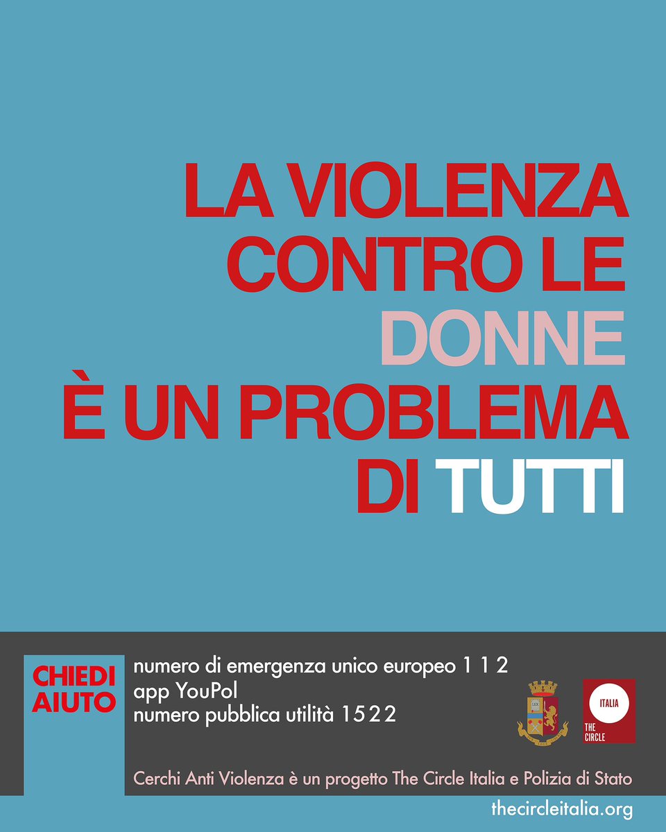 the circle italia (@thecircleitalia) on Twitter photo LA VIOLENZA CONTRO LE DONNE È UN PROBLEMA DI TUTTI.
Questo è il nostro messaggio e vorremmo che diventasse il vostro.
Aiutateci, aiutiamoci, grazie.
#CerchiAntiViolenza un progetto #TheCircleItalia e <a href="/poliziadistato/">Polizia di Stato</a> LA VIOLENZA CONTRO LE DONNE È UN PROBLEMA DI TUTTI.
Questo è il nostro messaggio e vorremmo che diventasse il vostro.
Aiutateci, aiutiamoci, grazie.
#CerchiAntiViolenza un progetto #TheCircleItalia e <a href="/poliziadistato/">Polizia di Stato</a>