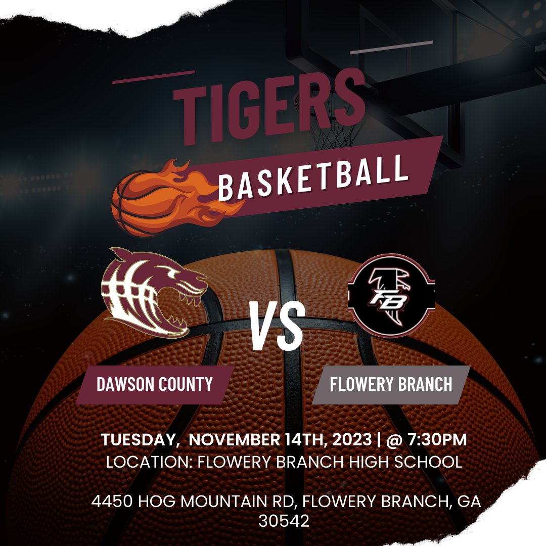 🚨GAMEDAY🚨

📅 Today 
🆚Flowery Branch
📍Flowery Branch High School
 ⏰JVB 4:30pm VG 6:00 VB 7:30pm

Tigers travel to Flowery Branch to take on the Falcons in a non-region game. #onedawson