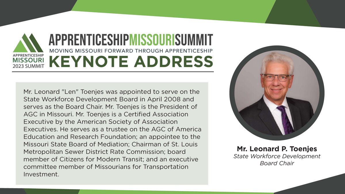 The 2023 Apprenticeship Missouri Summit is underway in St. Louis! Kicking things off, we have a keynote address from Leonard P. Toenjes. Mr. Toenjes is the chair of the State Workforce Development board, and we are honored to have him as a speaker! #NAW2023 #MoApprentices
