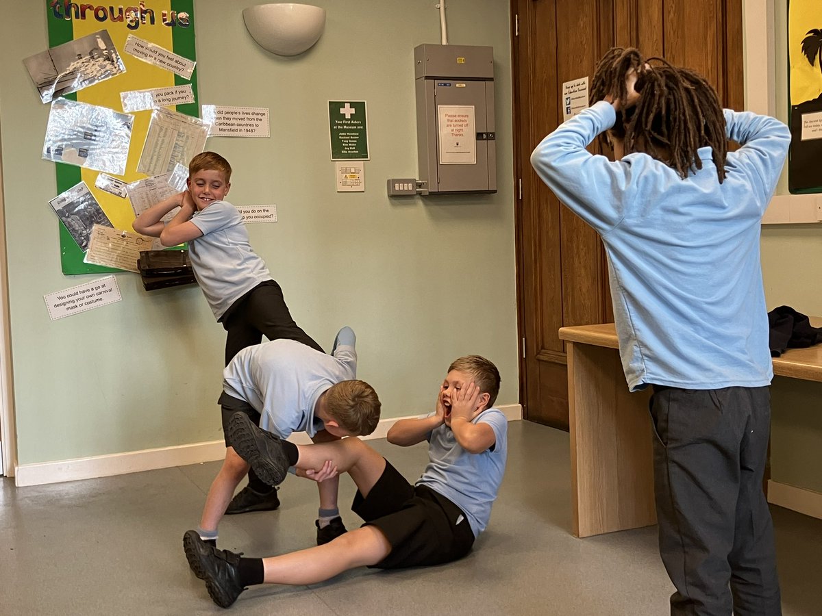 BleasbyPrimary's tweet photo. Creative work from Chestnut Class during our drama workshop about Beowulf and Grendel. Can you guess the parts of the story in the freeze frames? @MansfieldMuseum https://t.co/f2My8Hgw4a