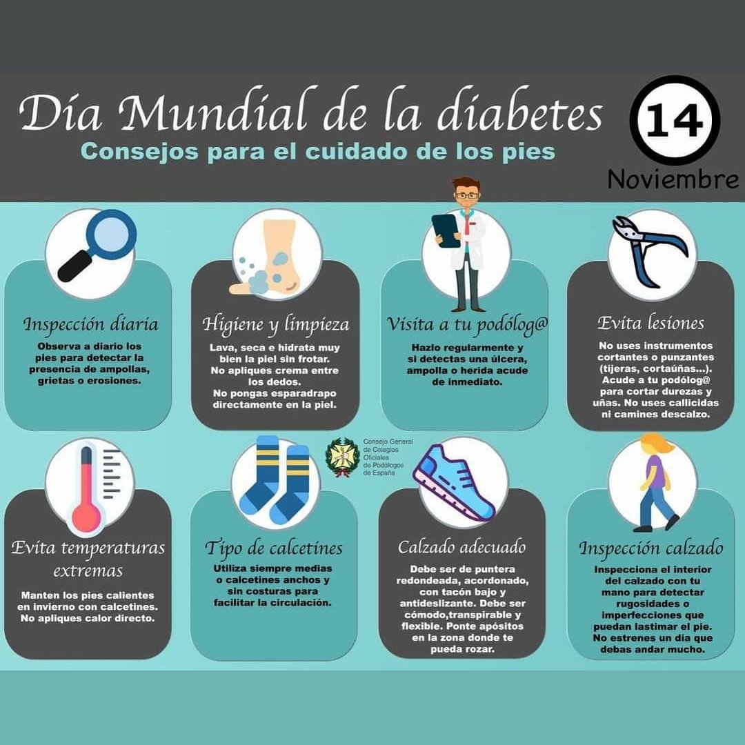 Unos consejos para el cuidado de tus pies, en el #DíaMundialdelaDiabetes 👇

· Vigila tus pies a diario.
· No uses objetos cortantes o punzantes.
· Evita temperaturas extremas.
· Utiliza calcetines o medias sin costuras.
· Visita a tu podólogo/a de confianza.