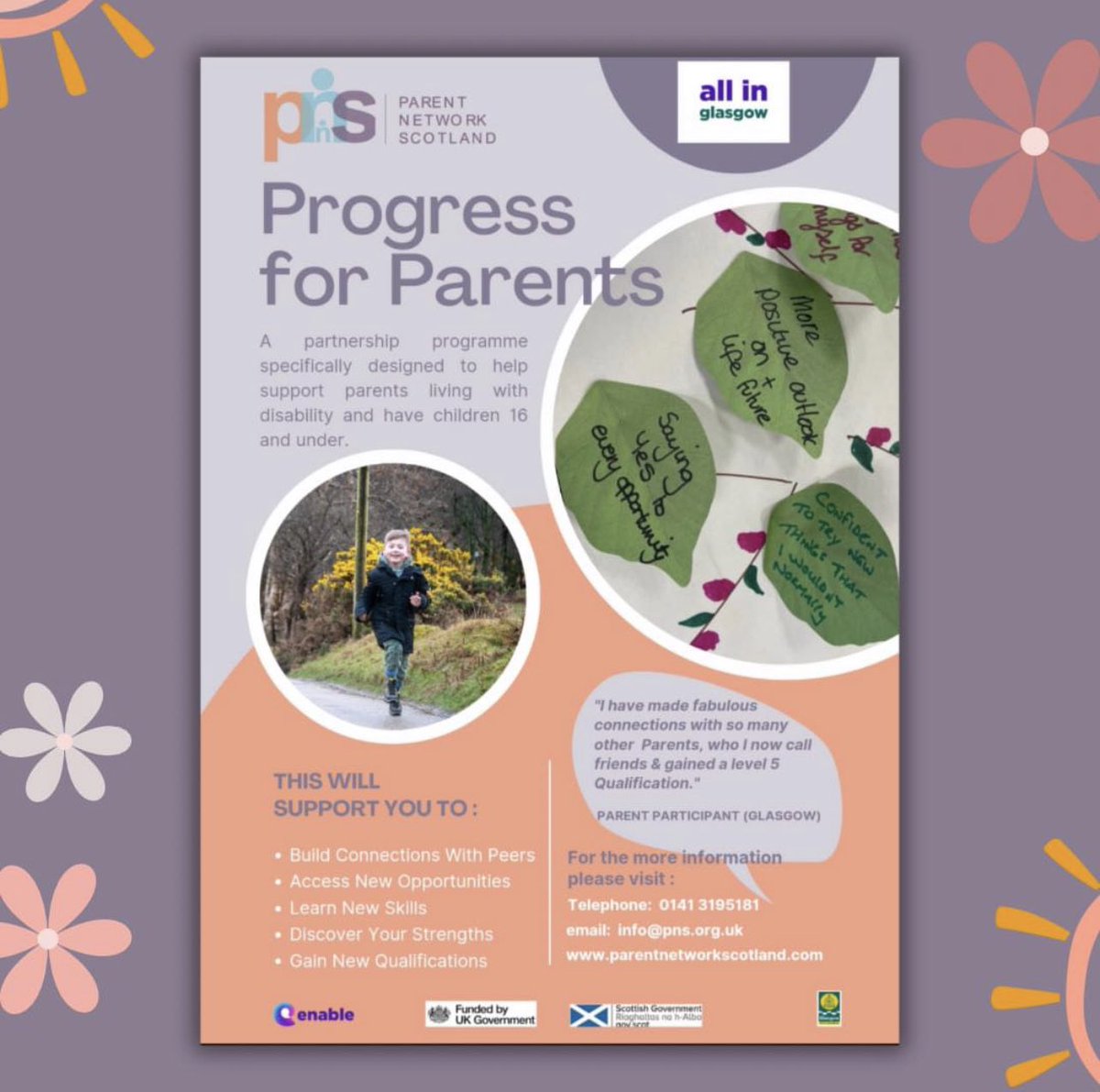 Partnership programme specifically designed to help support parents living with disability and have children 16 and under. Build Connections With Peers Access New Opportunities Learn New Skills Discover Your Strengths Gain New Qualification parentnetworkscotland.com/blog/progress-…