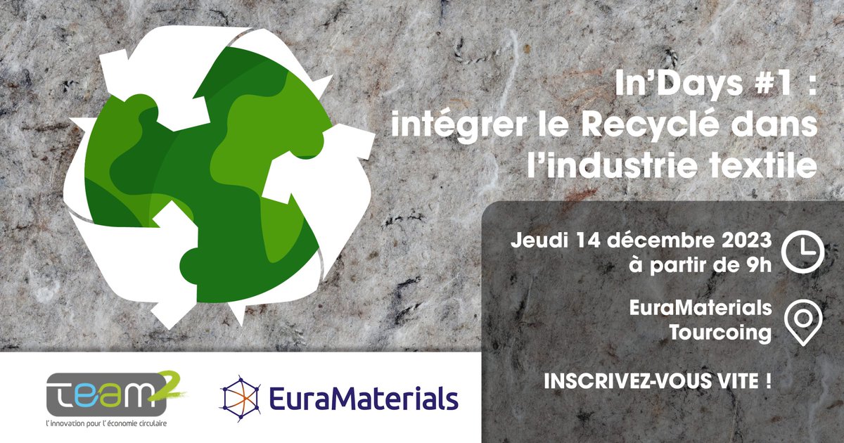 Nouveauté <a href="/EuraMaterials/">EuraMaterials</a> &amp; @TEAM2 : Les In'days 🌟
Co-organisée, cette journée portera sur l'intégration des matériaux recyclés dans l'industrie textile.
🗓 RDV le 14/12 chez EuraMaterials
Inscription ici : swll.to/Dyx9FC
#Innovation #IndustrieTextile